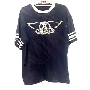 Aerosmith Vintage Band Tee Short Sleeve Graphic Navy Blue Stripes Cream Trim 90s